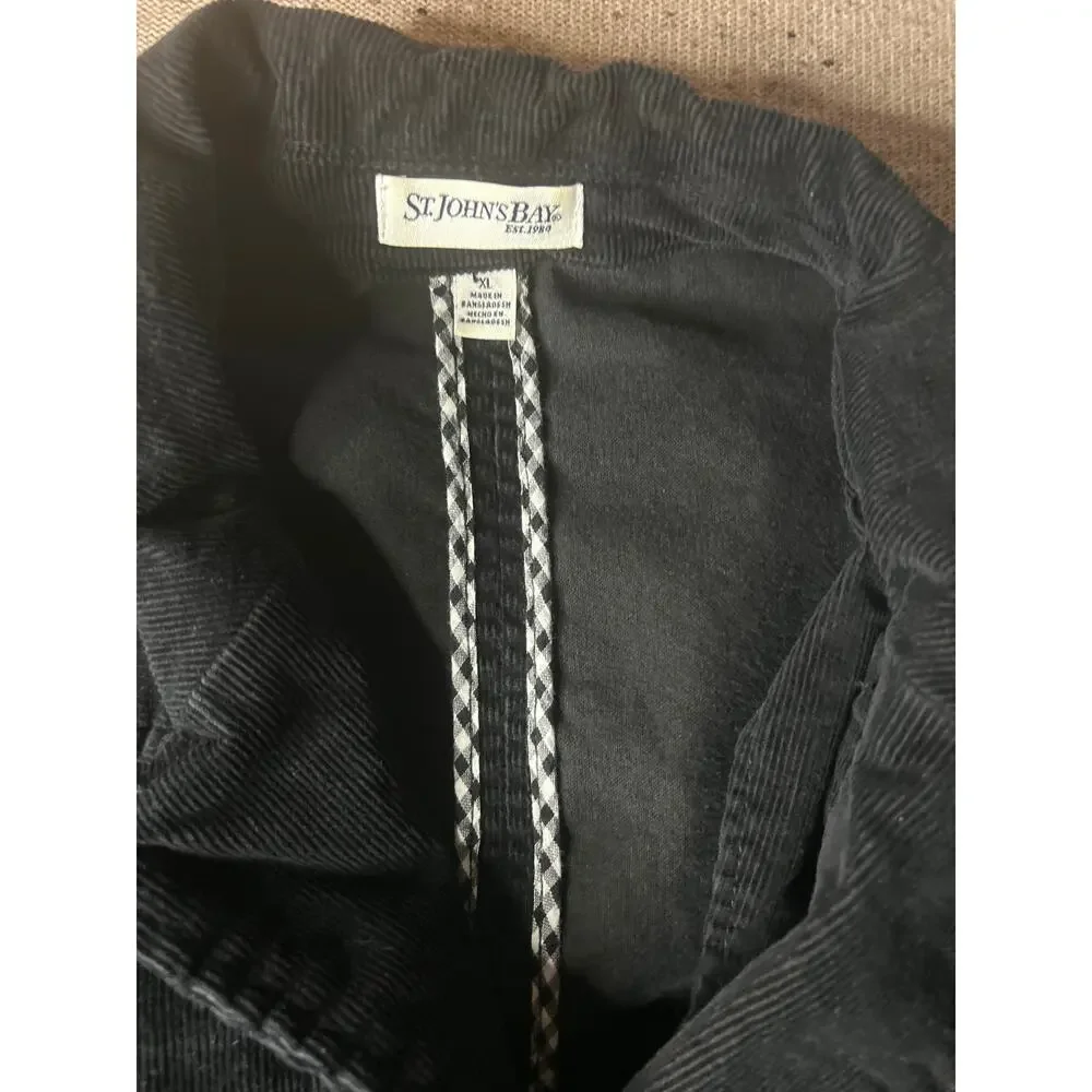 St Johns Bay Black Corduroy Stretch Fitted Blazer Gingham Trim XL Women's - Picture 3 of 9